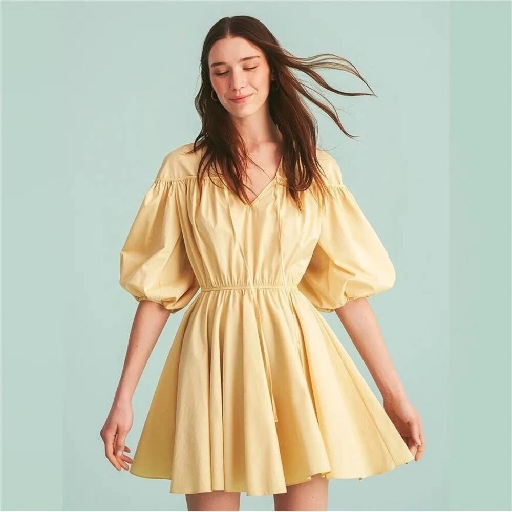 Nocturne Puff Sleeve V-Neck Babydoll Mini Dress Yellow Women's Size EU 36 NWT
